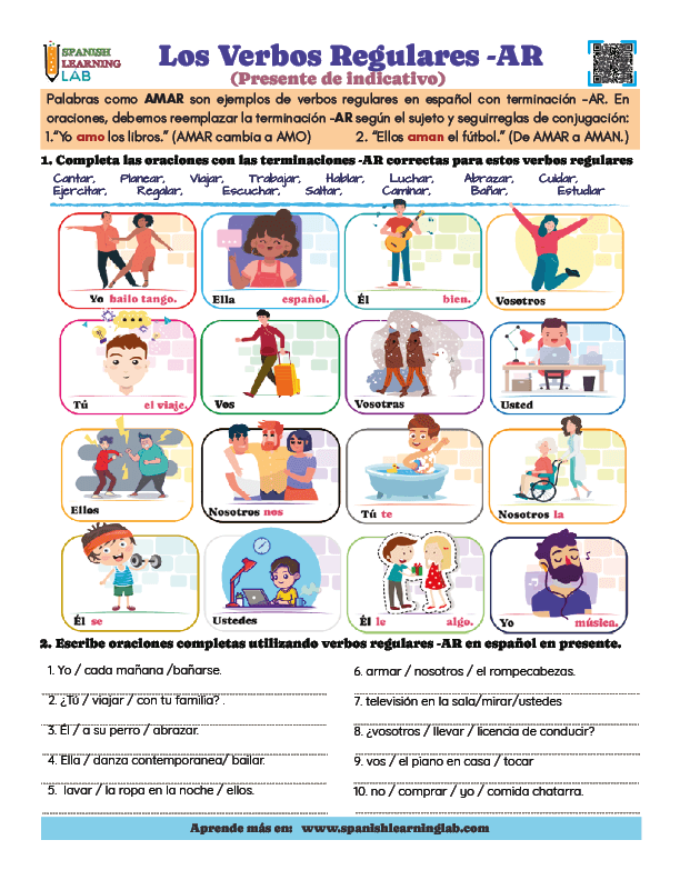 Ejercicios de gramática sobre los verbos regulares con terminación -AR en español en PDF