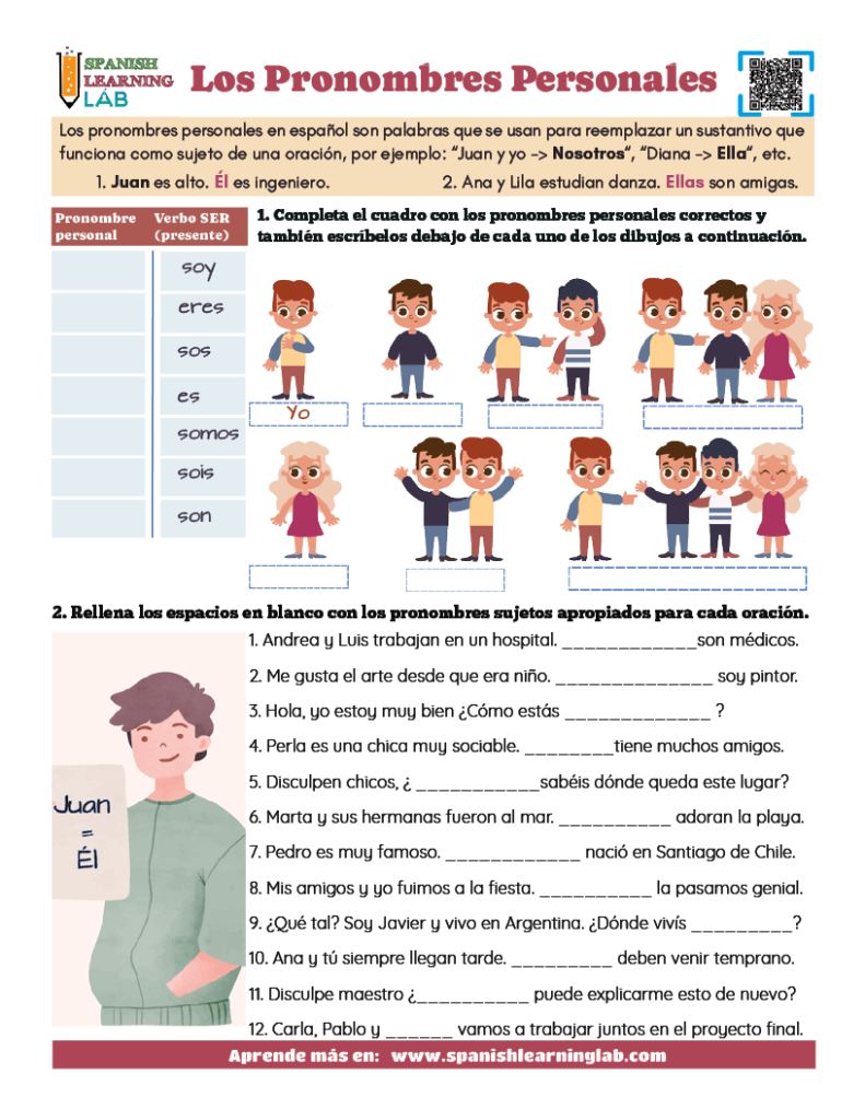 Los pronombres personales en español hoja de trabajo con ejercicios de gramática en PDF