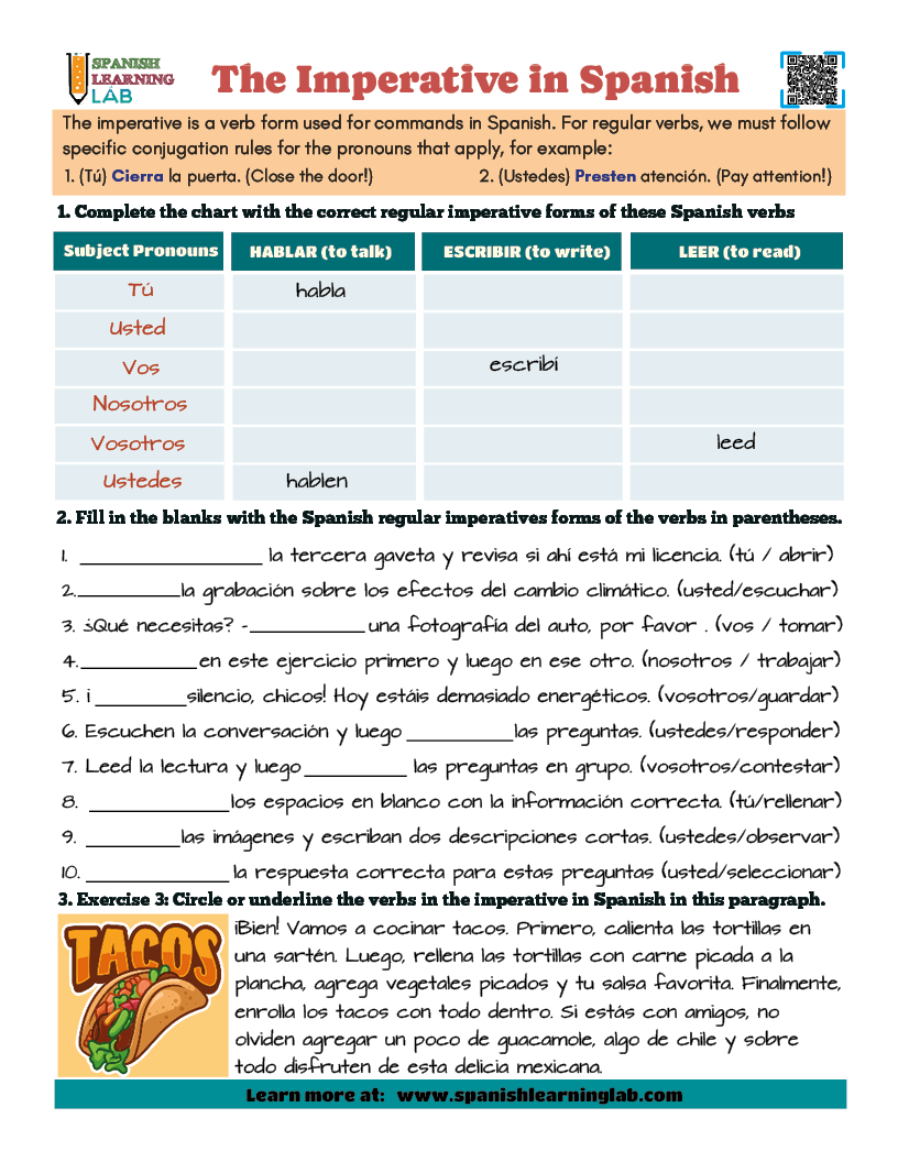 The imperative of regular verbs in Spanish PDF Worksheet with grammar exercises