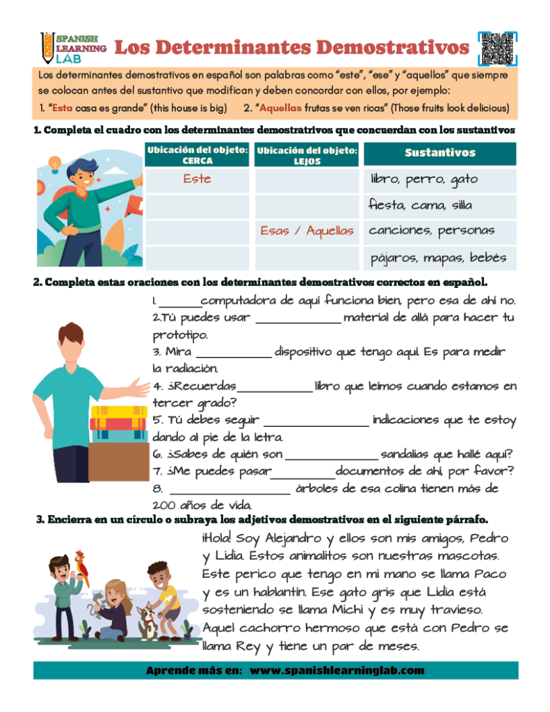 determinantes demostrativos en español ejercicios de gramática en PDF