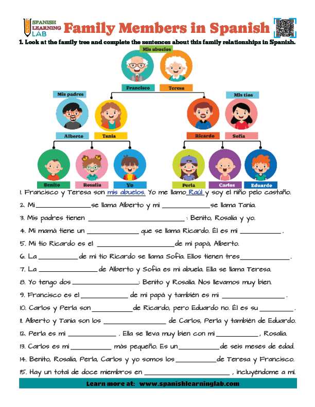 Family members in Spanish Vocabulary PDF Worksheet with exerecises