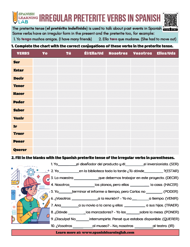 Irregular Verbs Preterite tense Spanish PDF Worksheet with grammar exercises