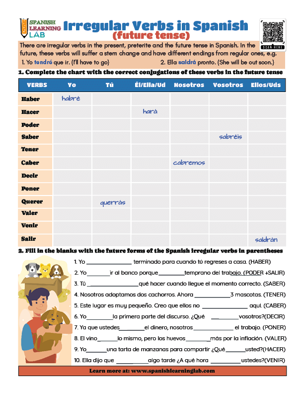 Irregular Verbs in Spanish in the Future Tense - PDF Worksheet with exercises