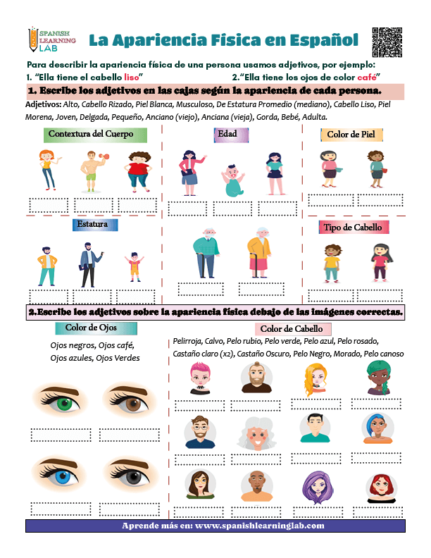 La apariencia física en español ejercicios de vocabulario en PDF