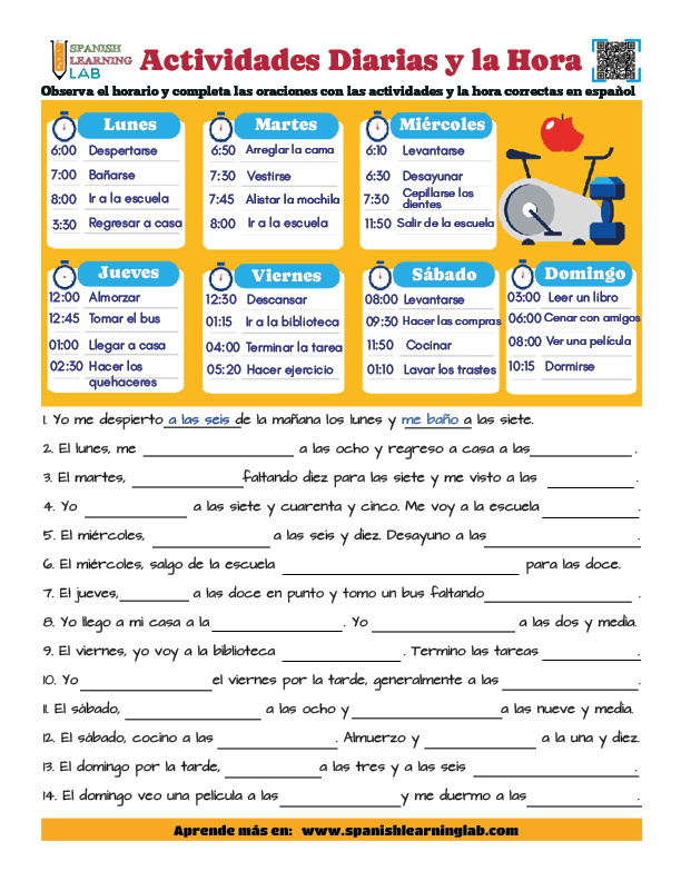 Las actividades diarias y la hora en español ejercicios hoja de trabajo en PDF