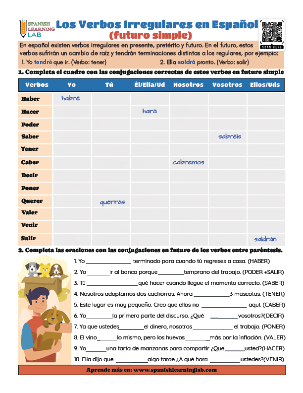 Los verbos irregulares en español en el futuro simple ejercicios de gramática en pdf