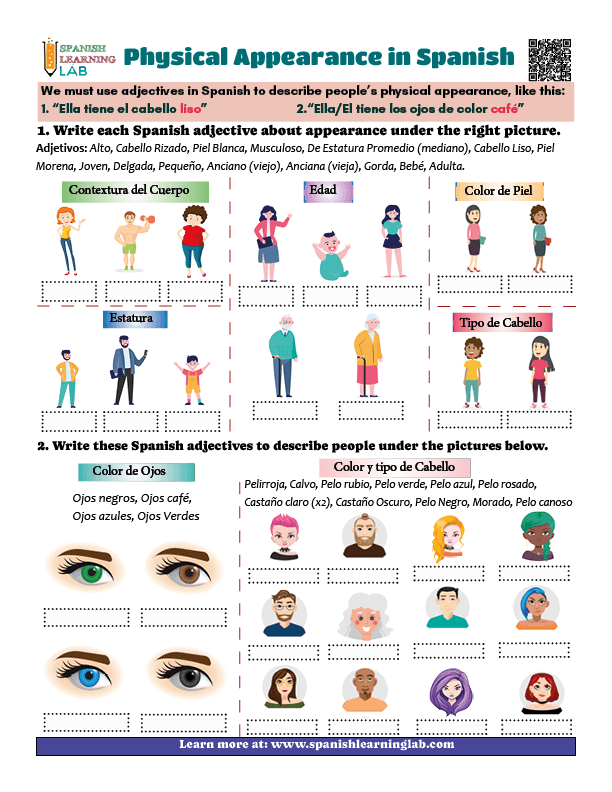 A PDF Worksheet with vocabulary exercises about adjectives for physical appearance in Spanish