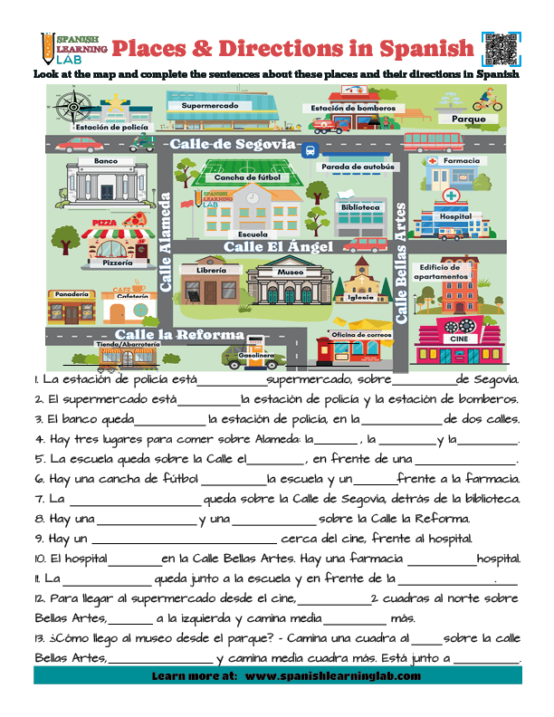 Places around town and ways to give Directions in Spanish PDF Vocabulary and Writing Worksheet