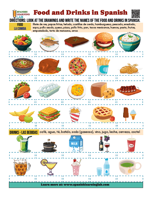 The vocabulary for Food and Drinks in Spanish Exercises on a PDF Worksheet