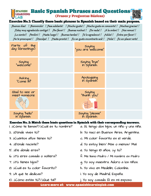 Basic Spanish Phrases and Questions PDF Worksheet with vocabulary exercises