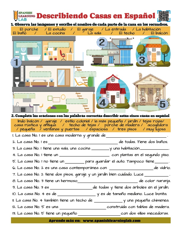 Describiendo Casas con adjetivos y el verbo SER en Español Ejercicios en PDF