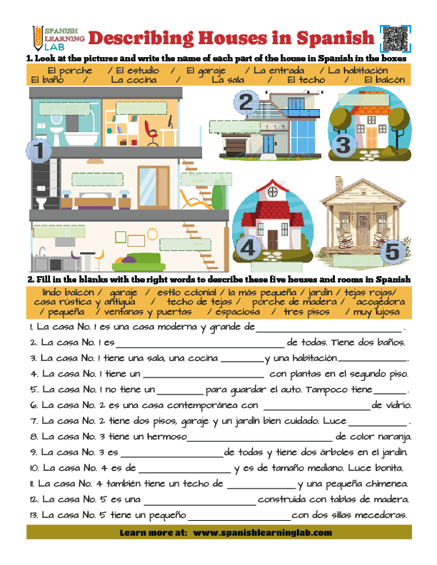 Describing Houses in Spanish PDF worksheet with vocabulary parts of the house adjectives exercises