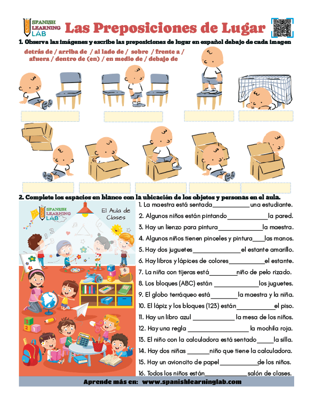 Ejercicios sobre las preposiciones de lugar y los objetos del aula en español en PDF