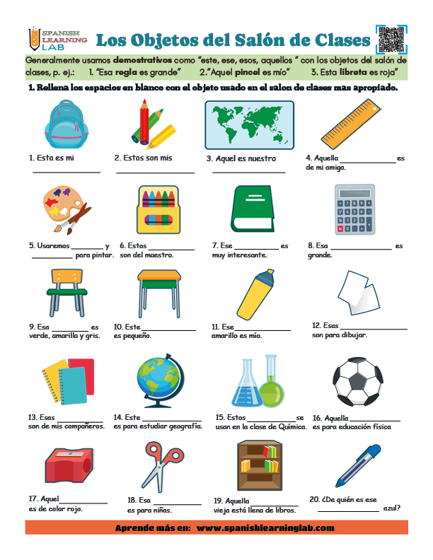 Los objetos del salón de clases y los demostrativos ejercicios de vocabulario en PDF