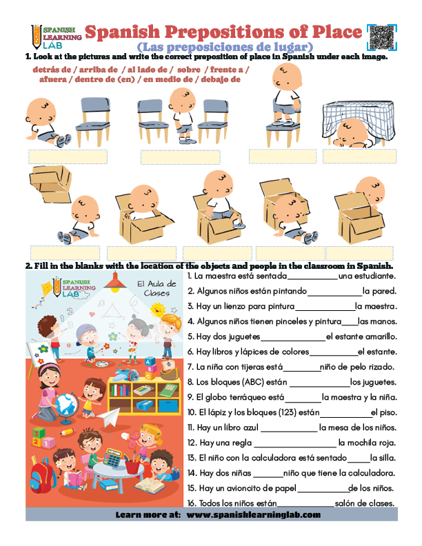 Prepositions of place in Spanish and classroom objects PDF Worksheet